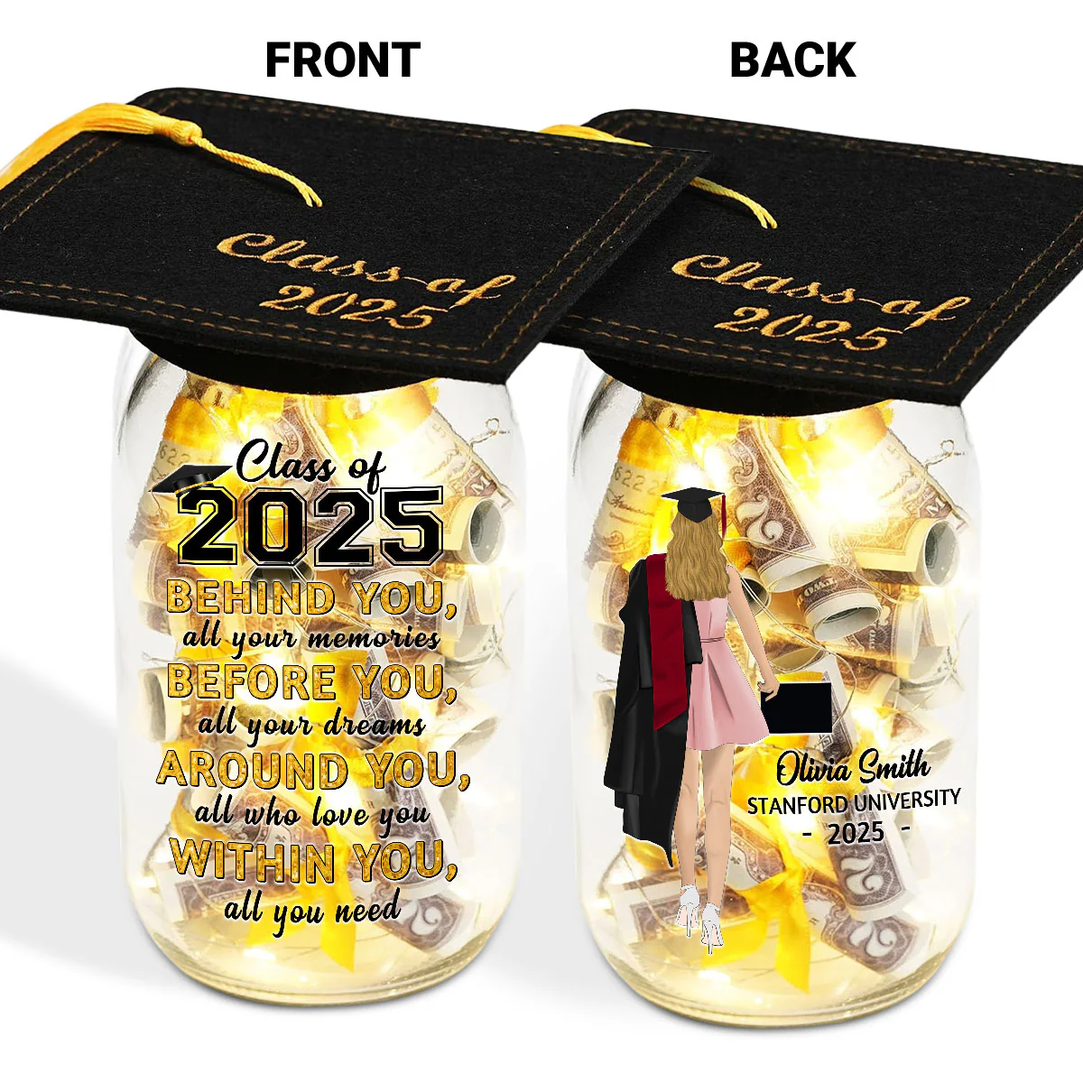 Behind You All Your Memories - Personalized Custom Graduation Mason Jar Light