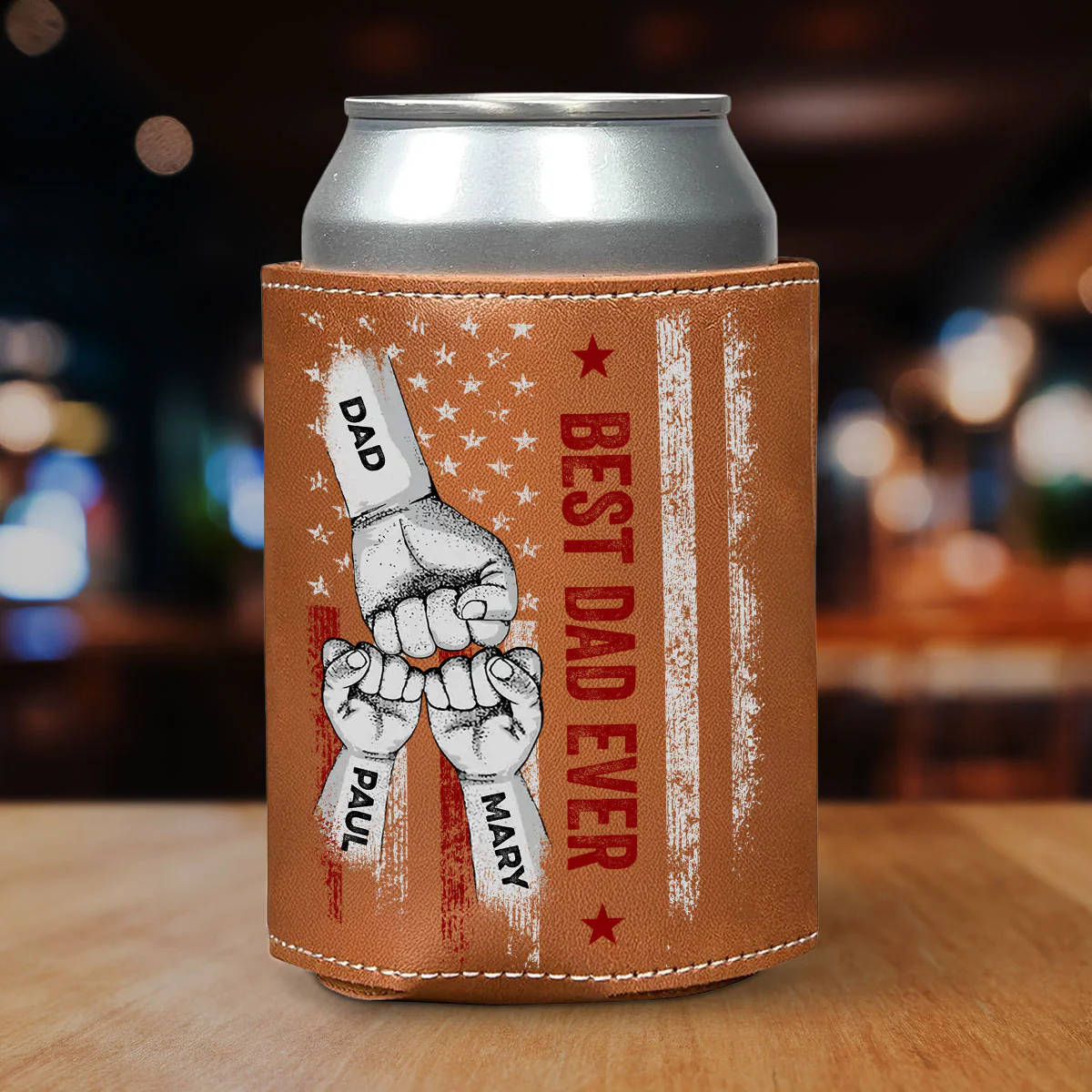 Best Bonus Dad Ever - Personalized Custom Leather Can Cooler Holder