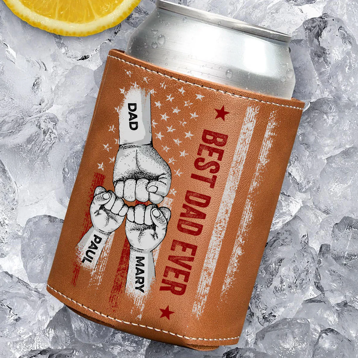 Best Bonus Dad Ever - Personalized Custom Leather Can Cooler Holder - Image 3