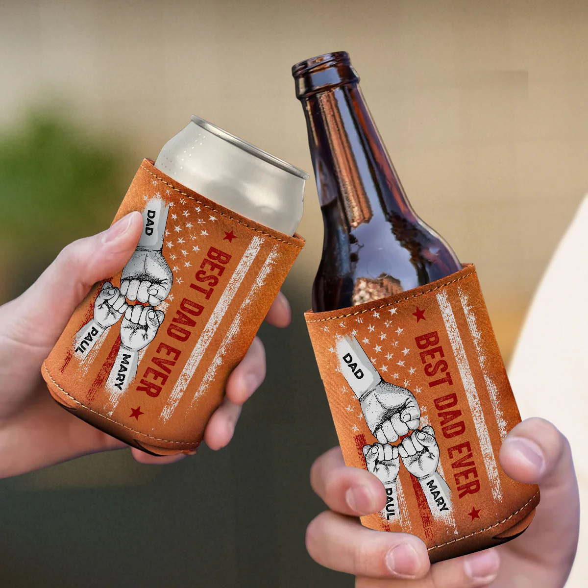 Best Bonus Dad Ever - Personalized Custom Leather Can Cooler Holder - Image 4
