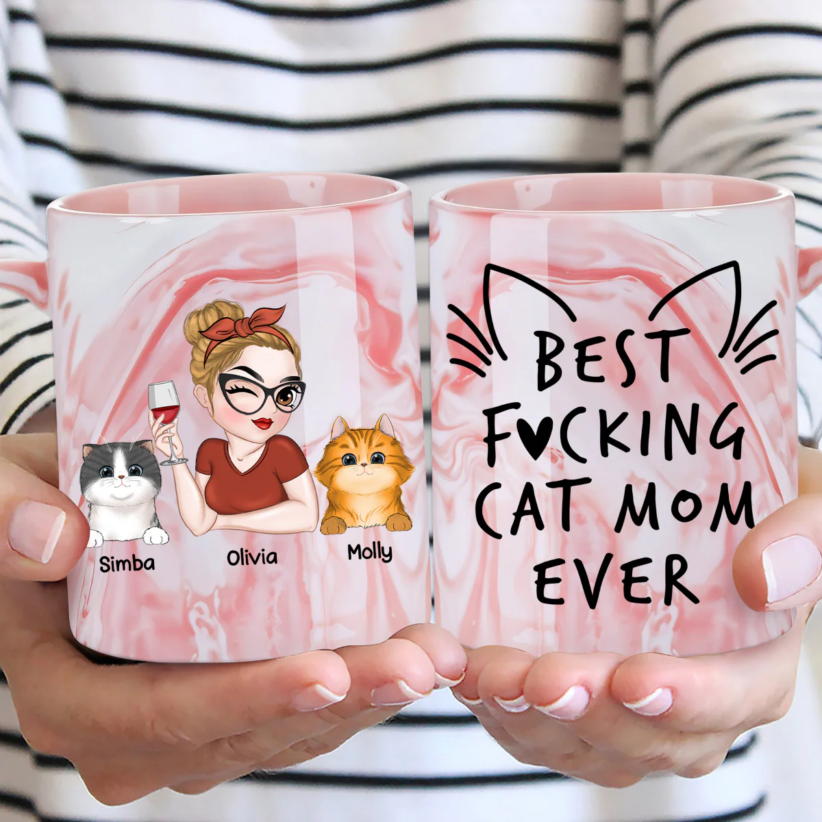 Best Cat Mom Ever - Personalized Custom Pink Marble Mug - Image 3