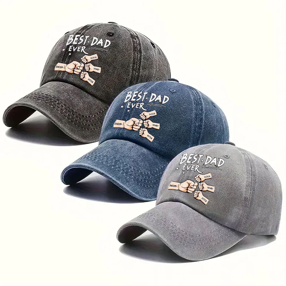 Best Dad - Personalized Custom Vintage Washed Denim Cap - Image 4