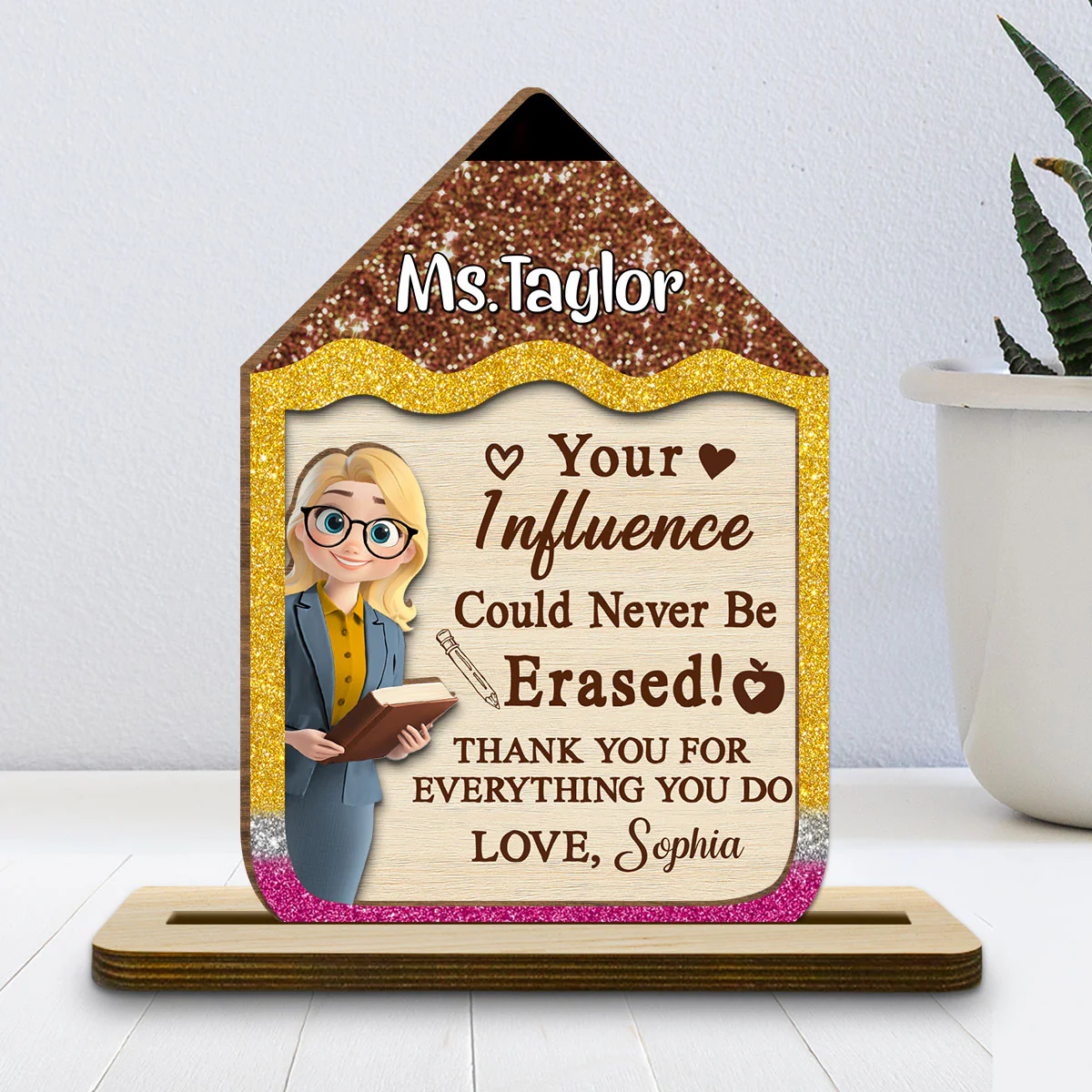 Best Teacher Ever - Personalized Custom 2-Layer Wood Plaque With Flat Base - Image 2