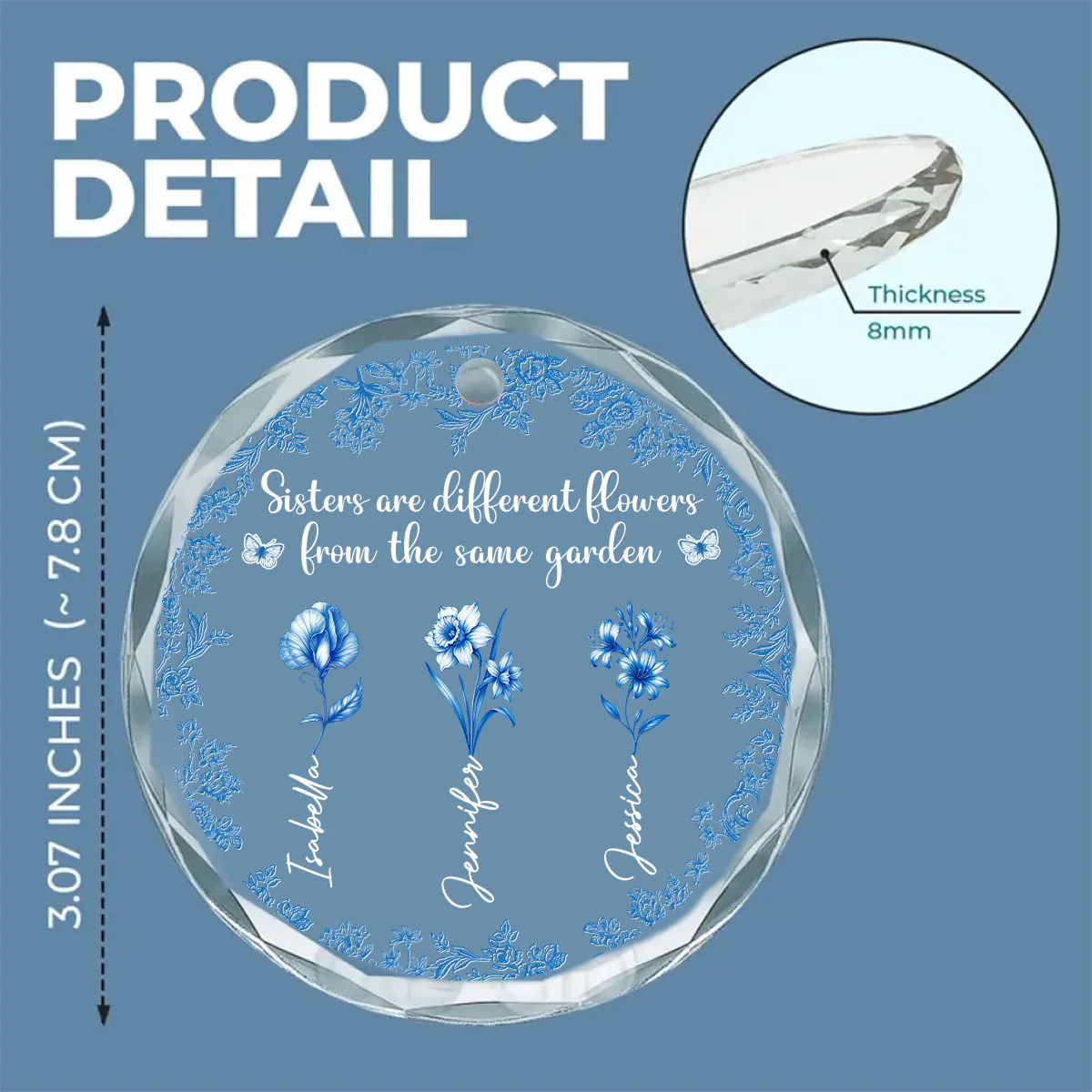 Bestie Flowers Toile De Jouy Style - Personalized Custom Glass Ornament - Image 5