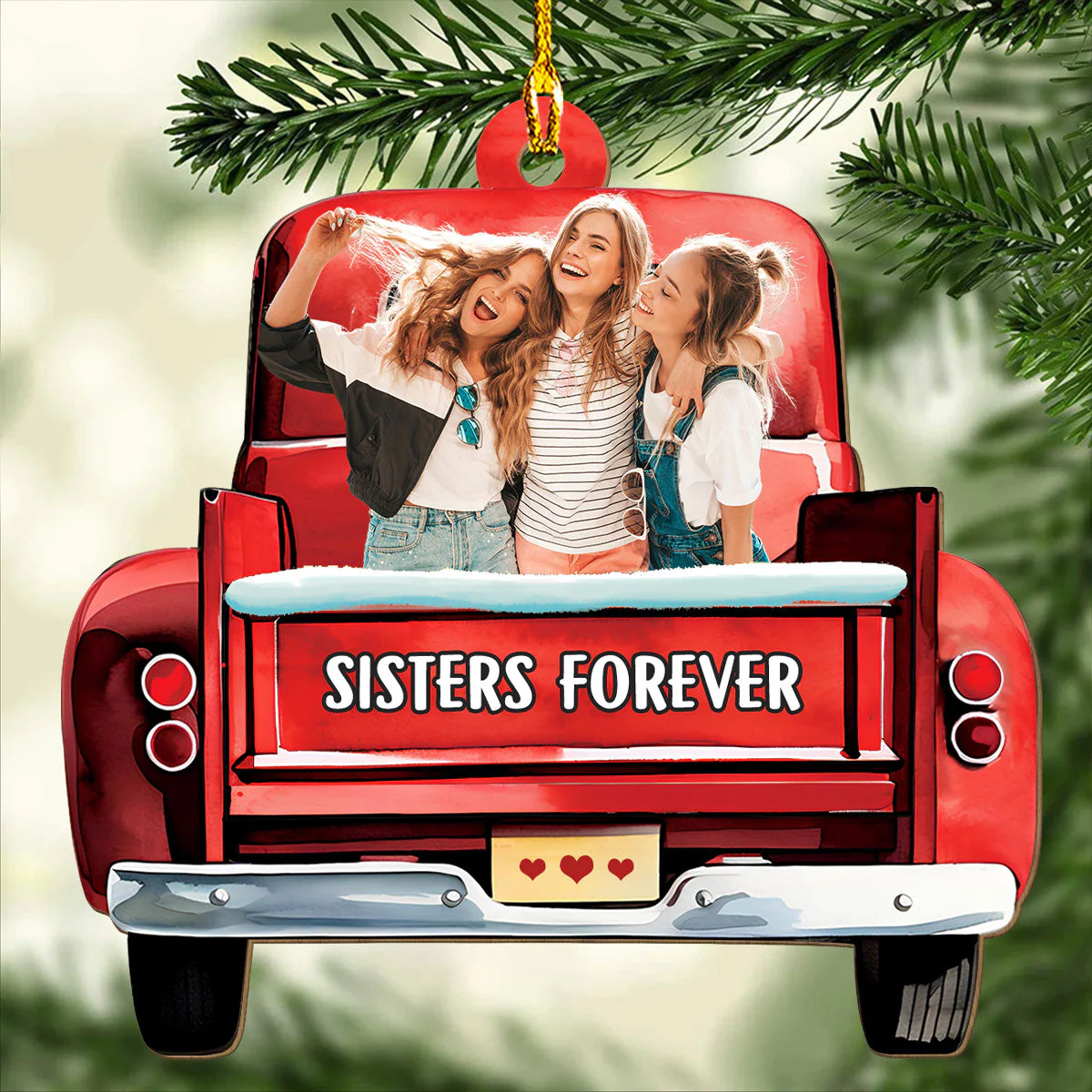 Bestie On Red Truck - Personalized Custom 1-layered Wood Ornament - Image 2