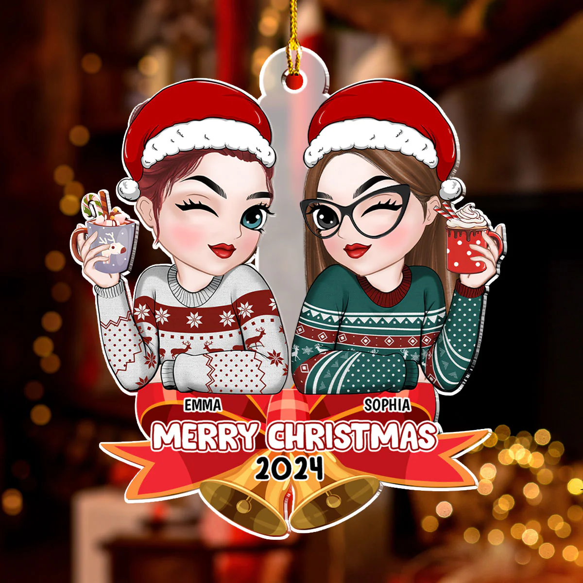 Bestie Sitting On Bell - Personalized Custom Acrylic Ornament - Image 2