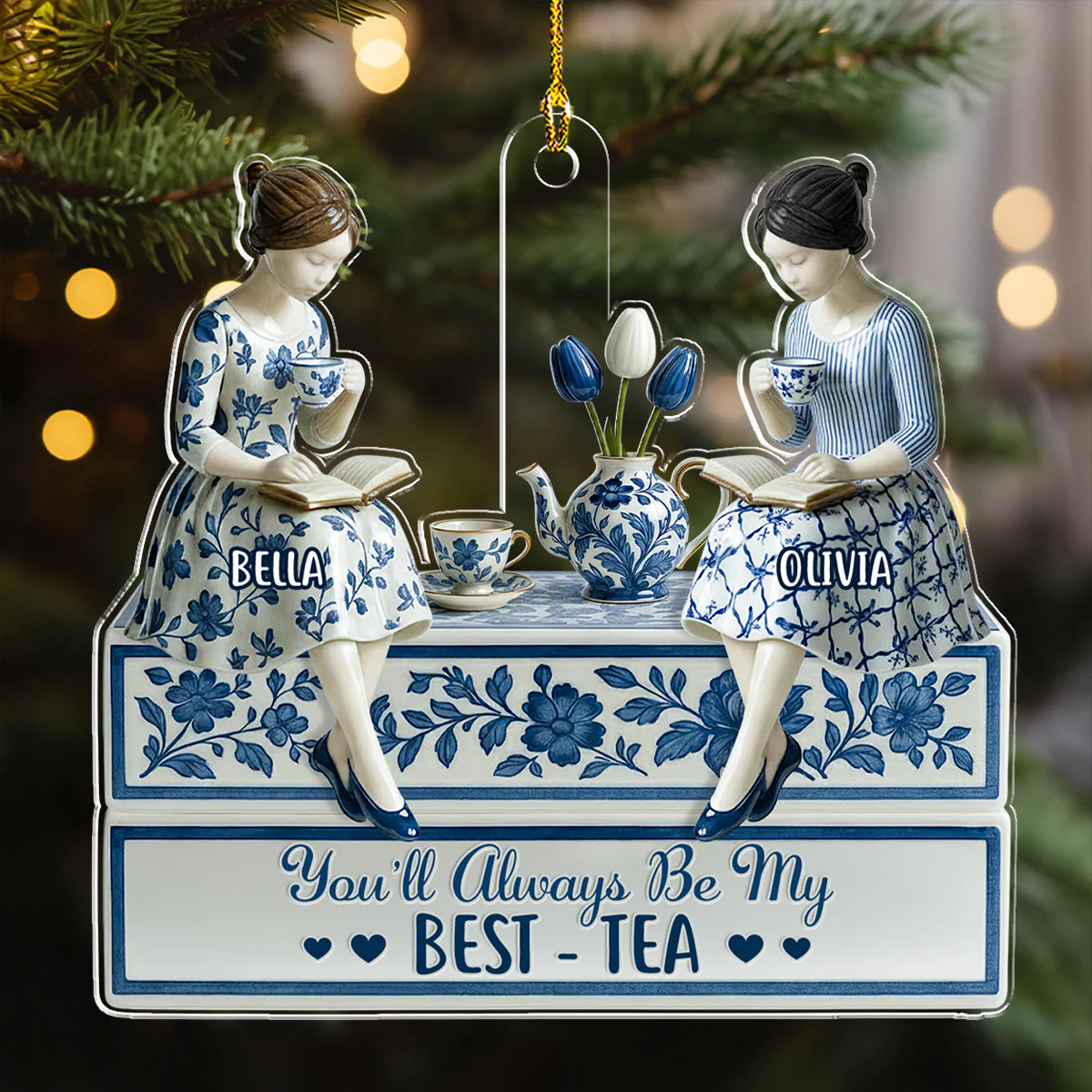 Bestie With Blue Toile - Personalized Custom Acrylic Ornament - Image 2