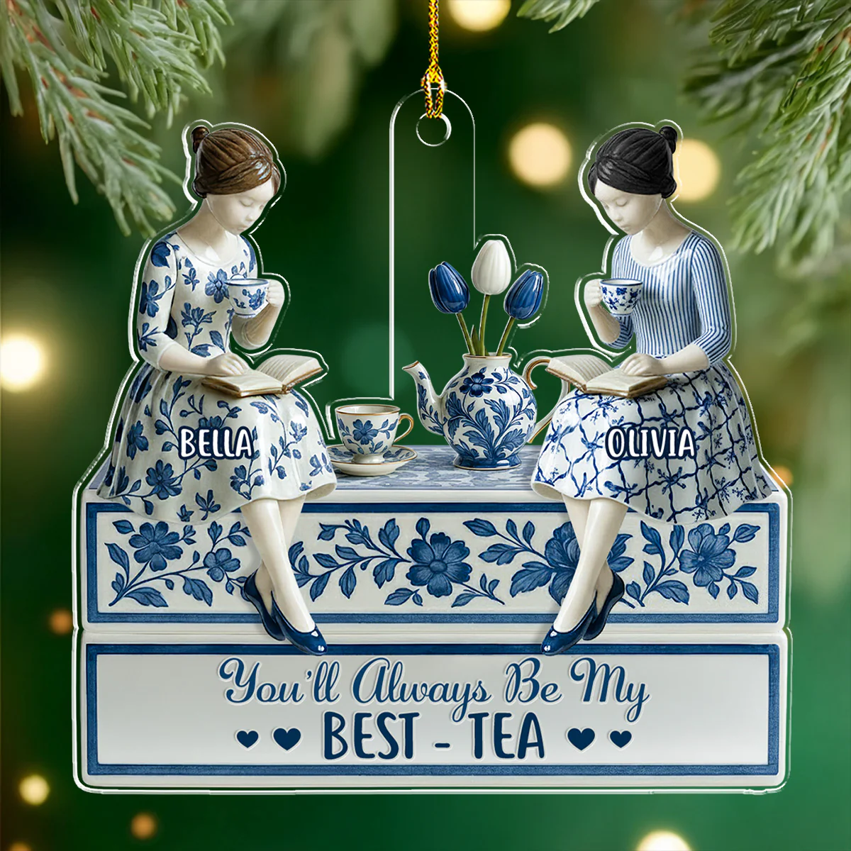 Bestie With Blue Toile - Personalized Custom Acrylic Ornament - Image 3