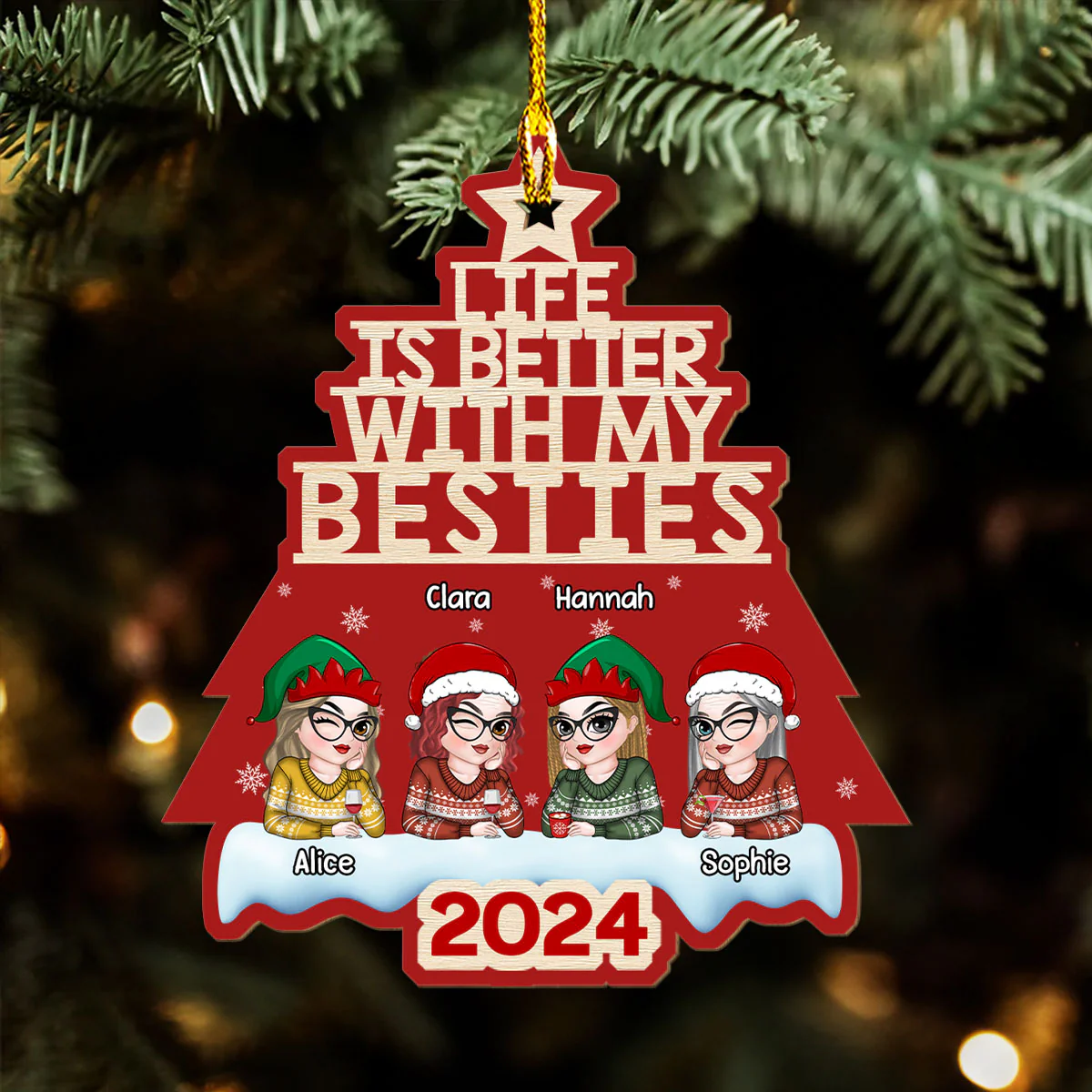 Besties Christmas Tree - Personalized Custom Wood Ornament - Image 2