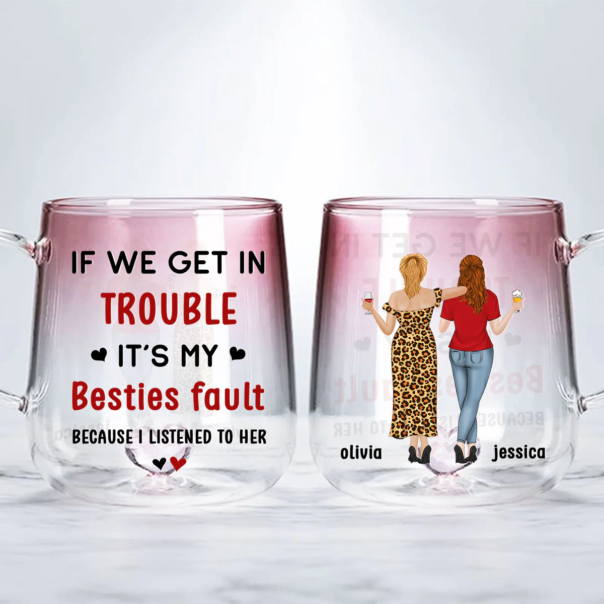 Besties Fault - Personalized Custom Pink Gradient Glass Mug - Image 2
