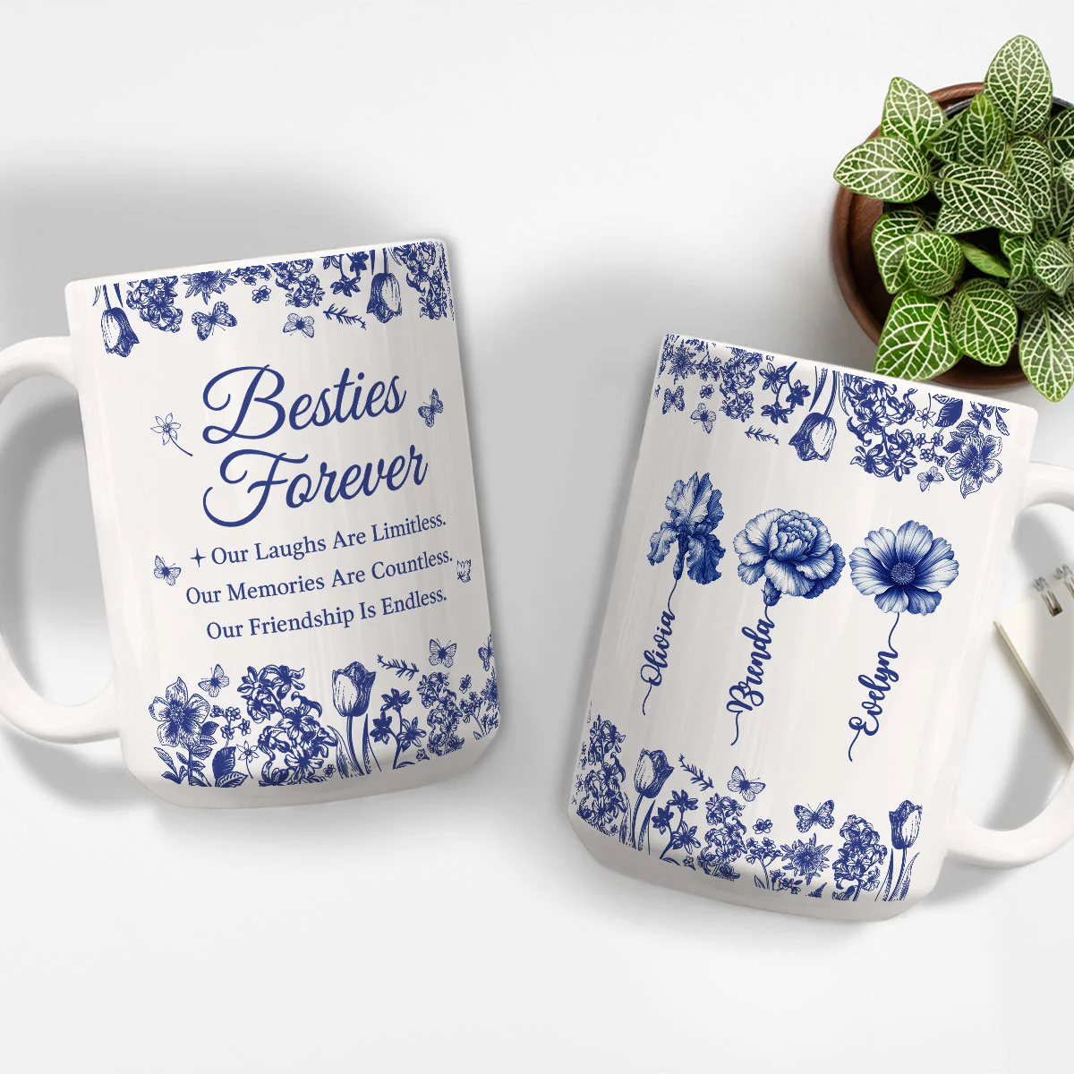 Besties Forever Blue Toile - Personalized Custom Coffee Mug - Image 3