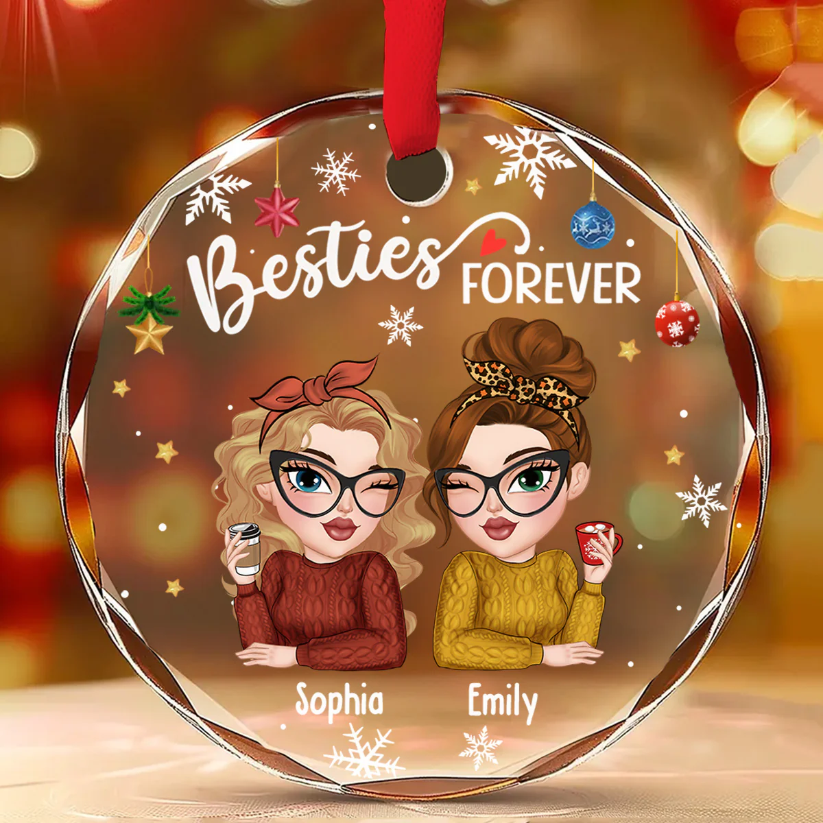 Besties Forever Christmas - Personalized Custom Glass Ornament - Image 2