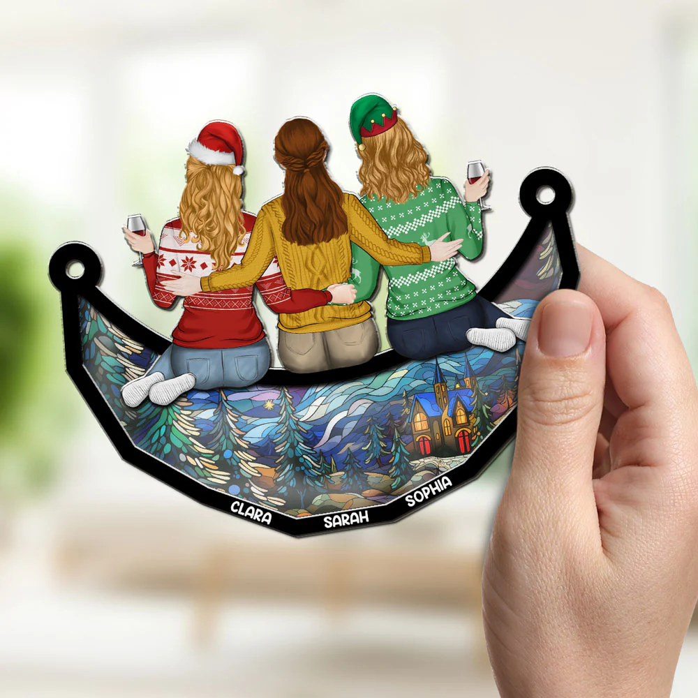 Besties Friends Sitting On The Moon - Personalized Custom Suncatcher - Image 2