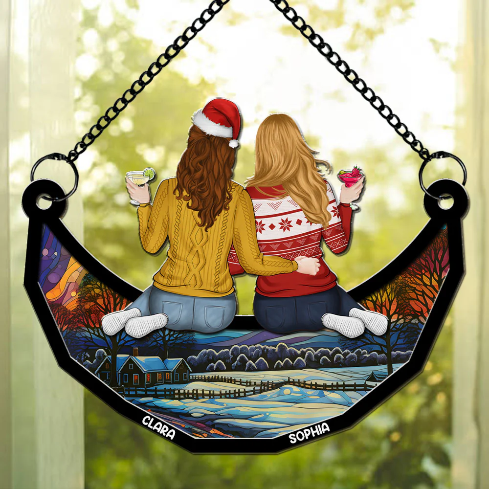 Besties Friends Sitting On The Moon - Personalized Custom Suncatcher - Image 3