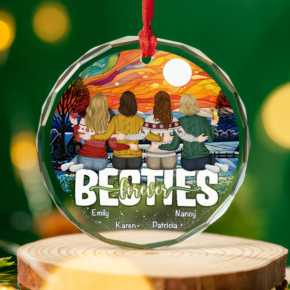 Besties Sitting Christmas - Personalized Custom Glass Ornament - Image 2