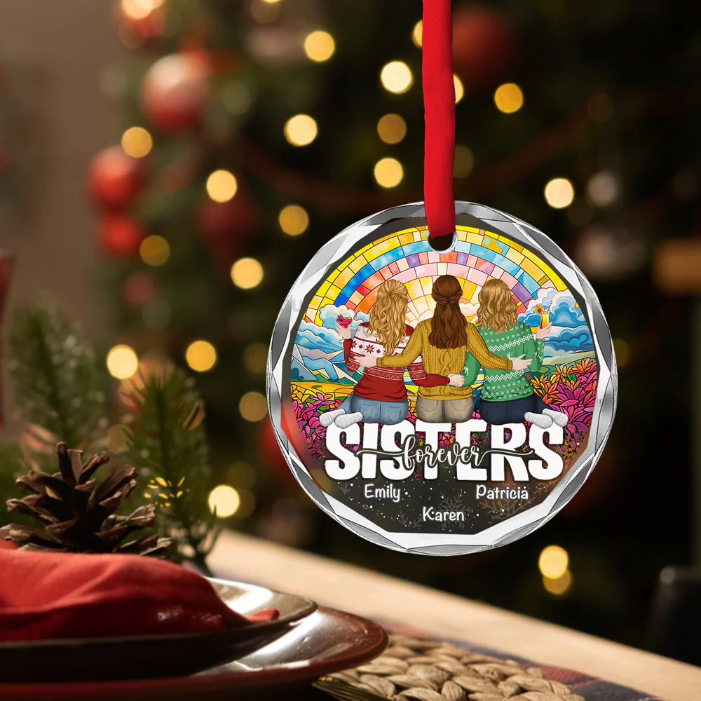 Besties Sitting Christmas - Personalized Custom Glass Ornament - Image 3