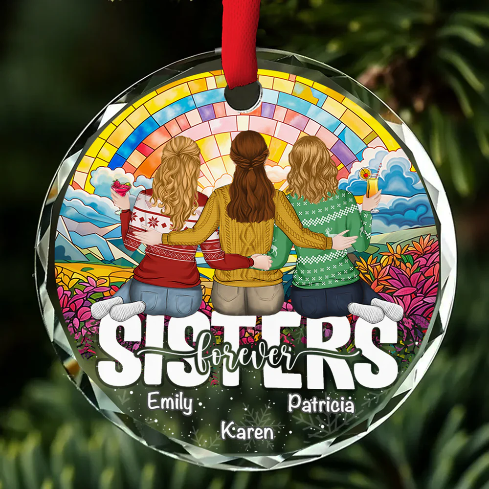 Besties Sitting Christmas - Personalized Custom Glass Ornament - Image 5