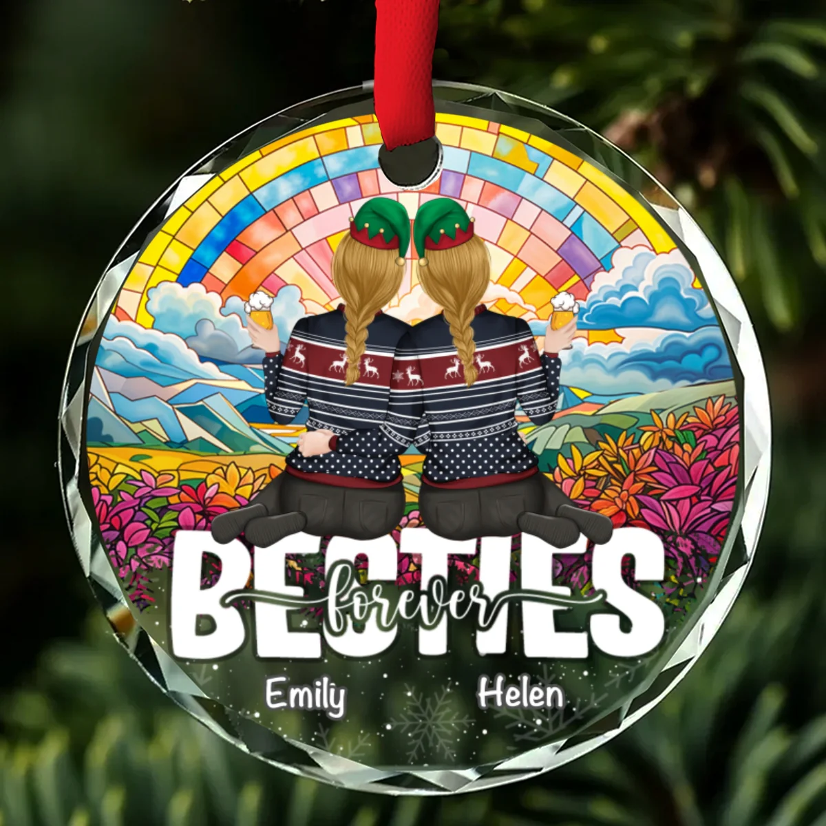 Besties Sitting Christmas - Personalized Custom Glass Ornament - Image 7