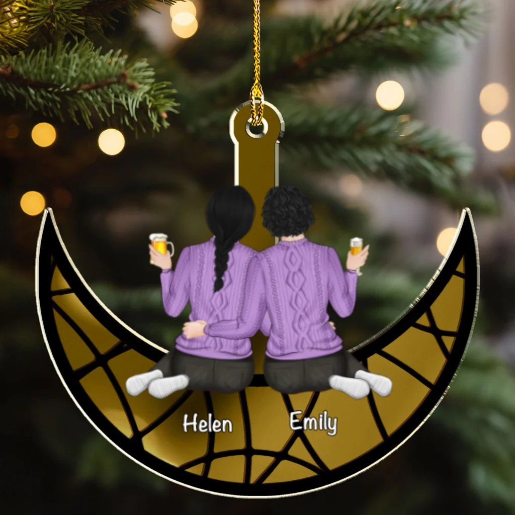 Besties Sitting On The Moon - Personalized Custom Mirrored Acrylic Ornament - Image 5
