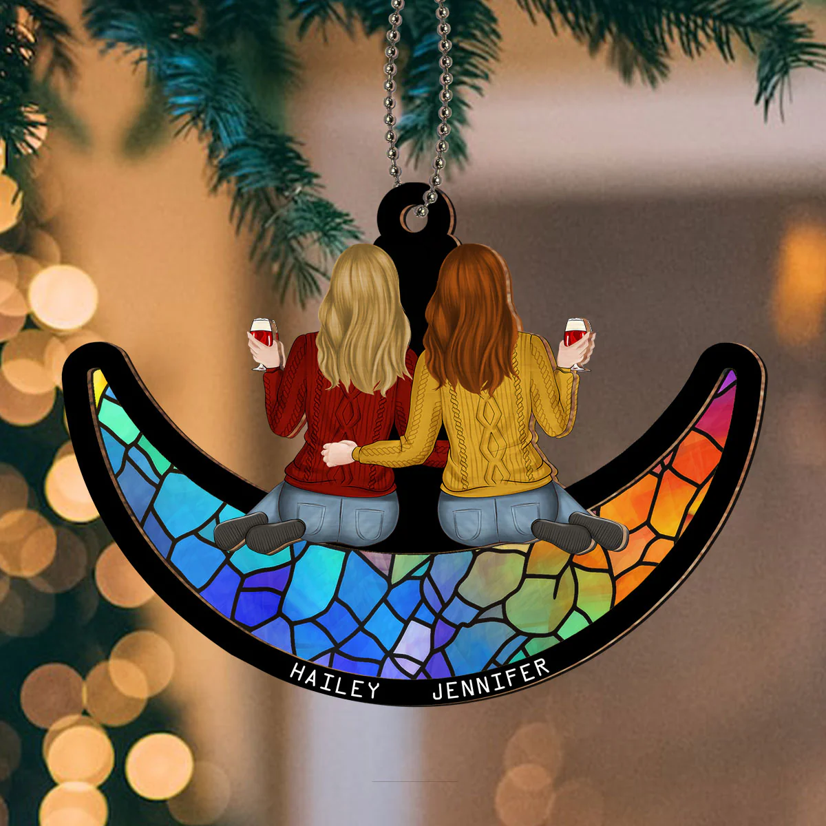 Besties Sitting On The Moon - Personalized Custom Suncatcher Ornament - Image 3