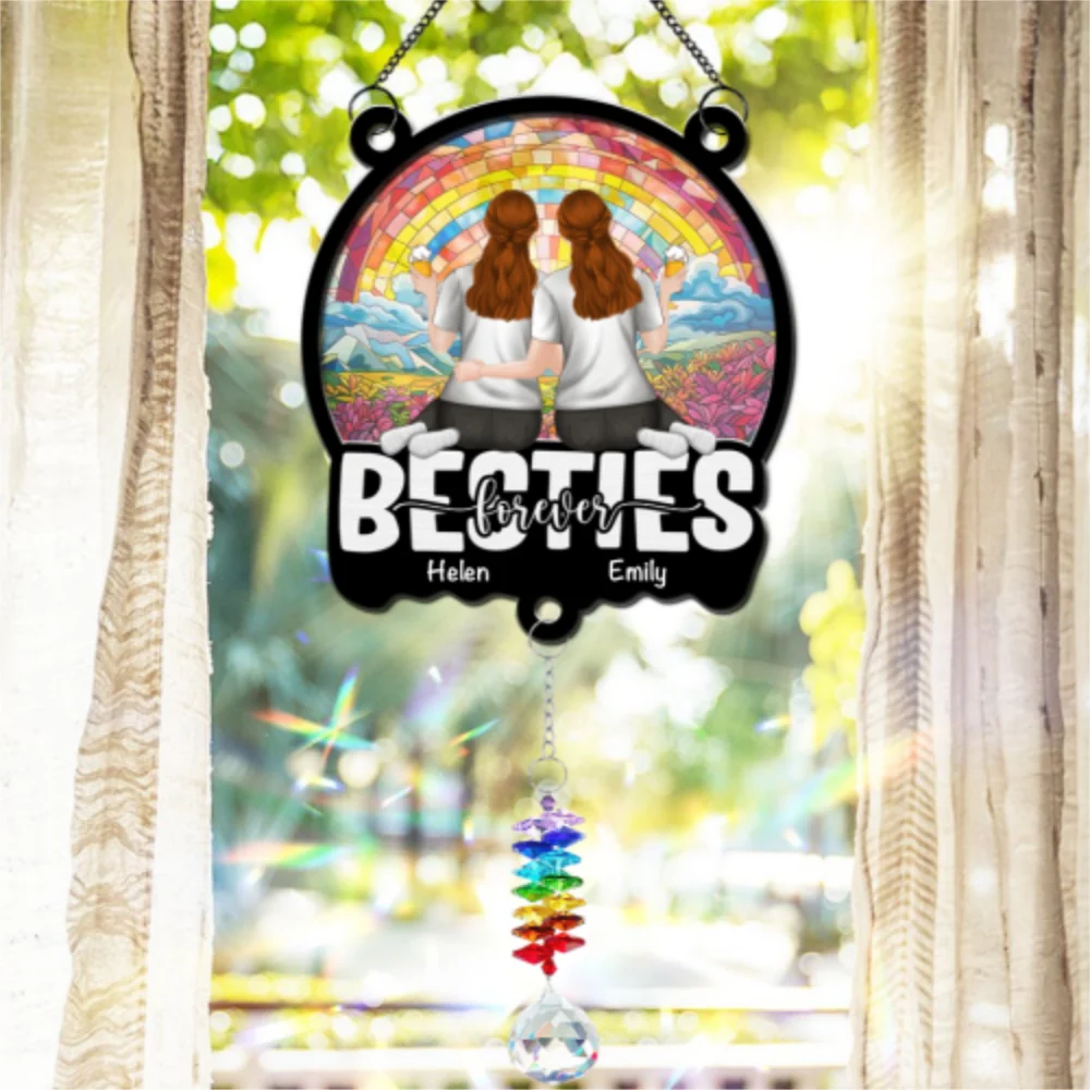 Besties Sitting Together - Personalized Custom Suncatcher With Crystal Rainbow Charm - Image 7