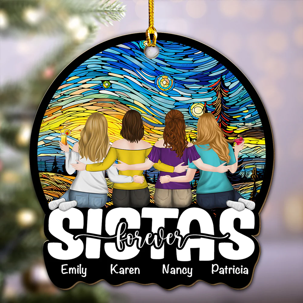 Besties Sitting Together - Personalized Custom Wood Ornament - Image 3