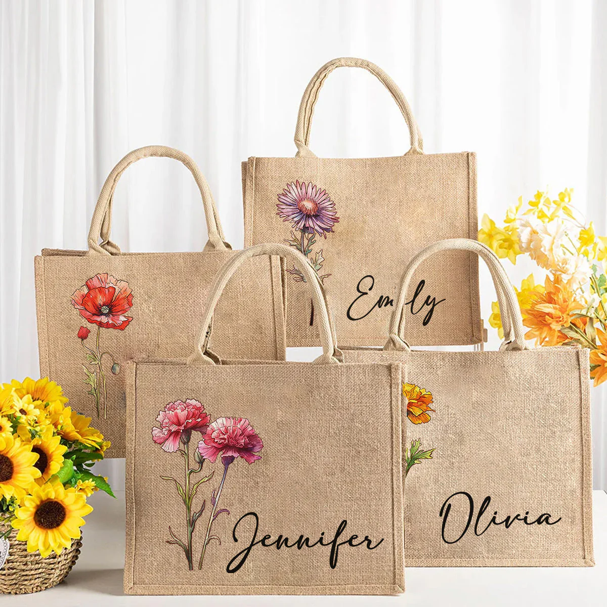 Birth Flower Beach - Personalized Custom Jute Tote Bag - Image 2