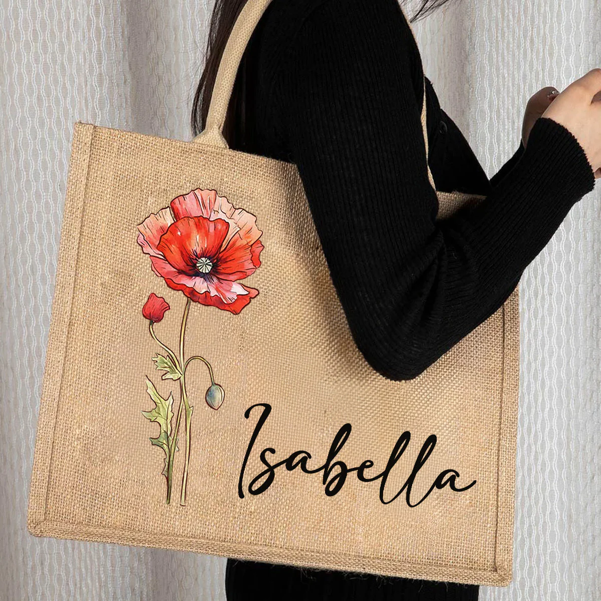 Birth Flower Beach - Personalized Custom Jute Tote Bag - Image 7