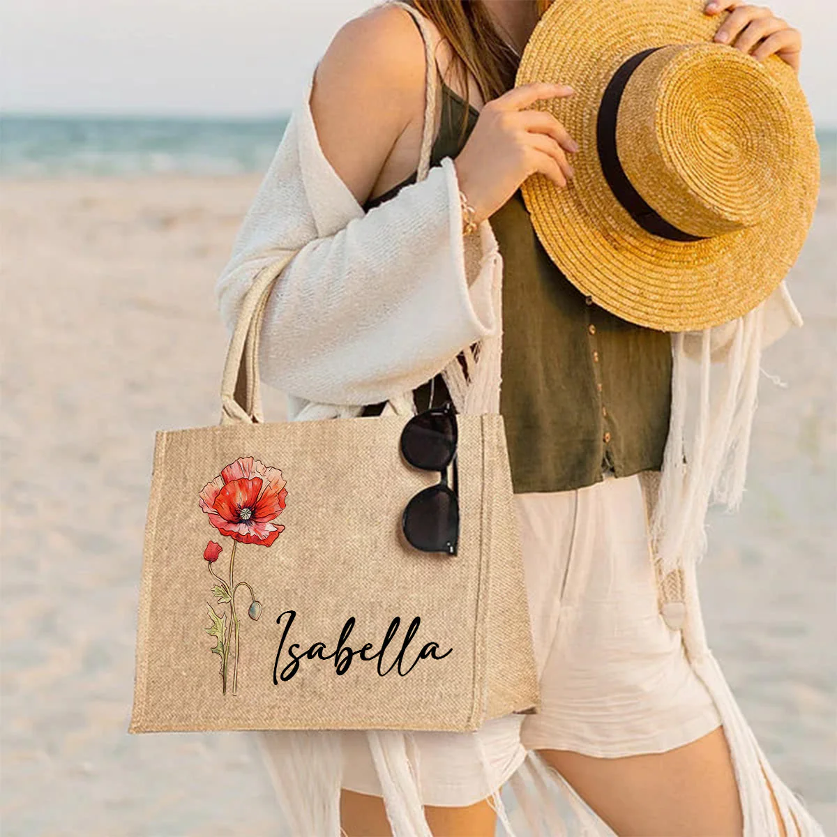 Birth Flower Beach - Personalized Custom Jute Tote Bag - Image 8