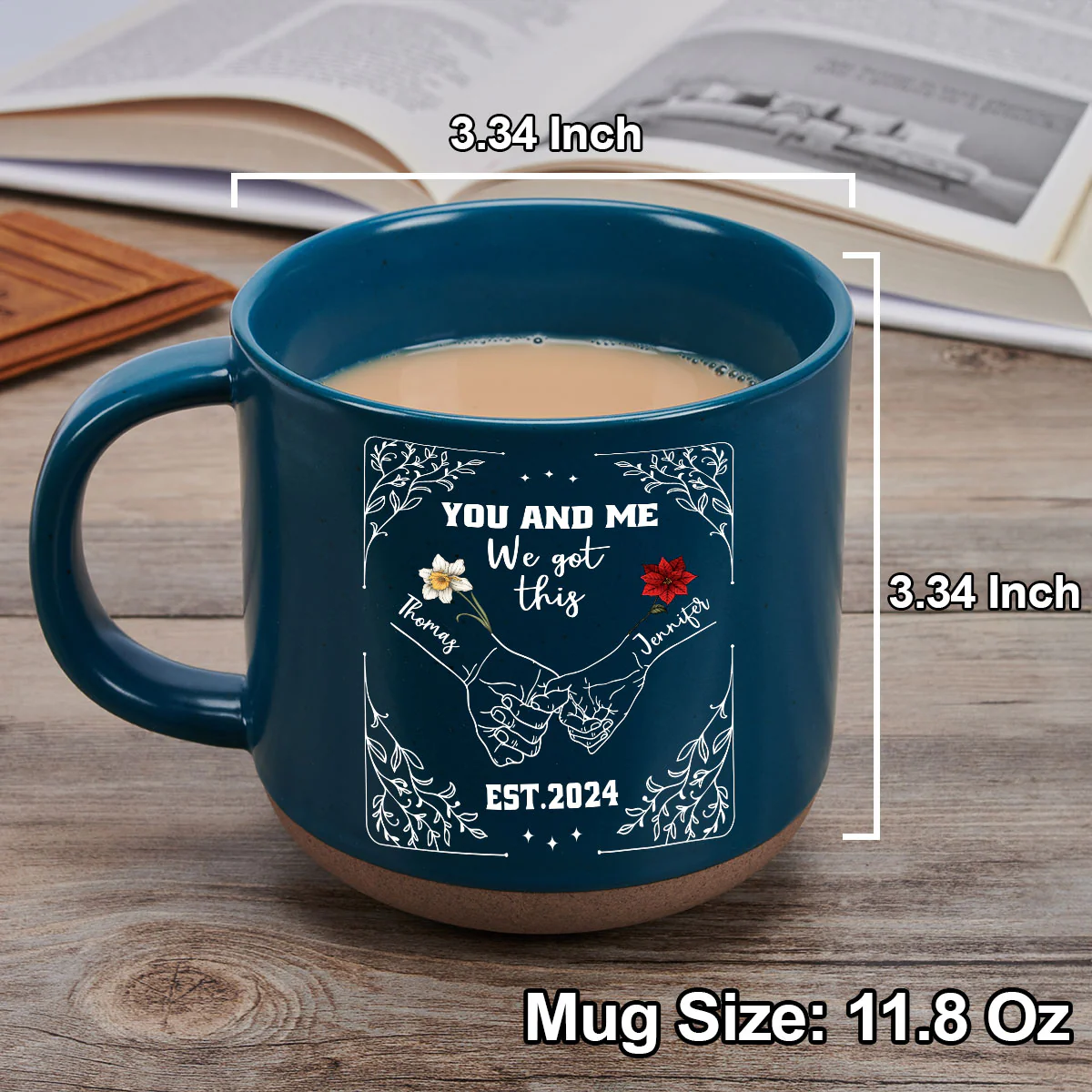 Birth Flower Hands In Hands - Personalized Custom Pottery Mug - Image 5