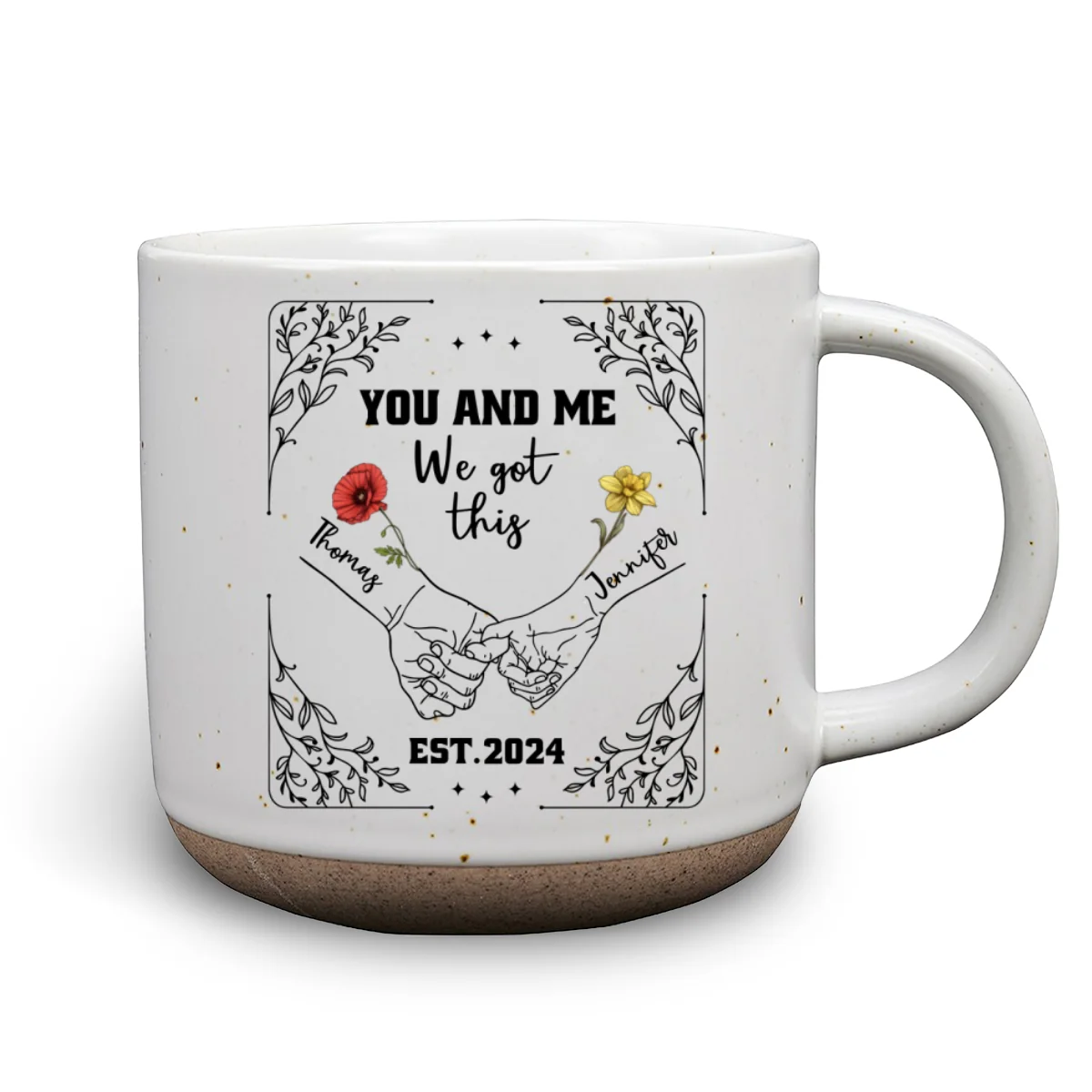 Birth Flower Hands In Hands - Personalized Custom Pottery Mug - Image 8
