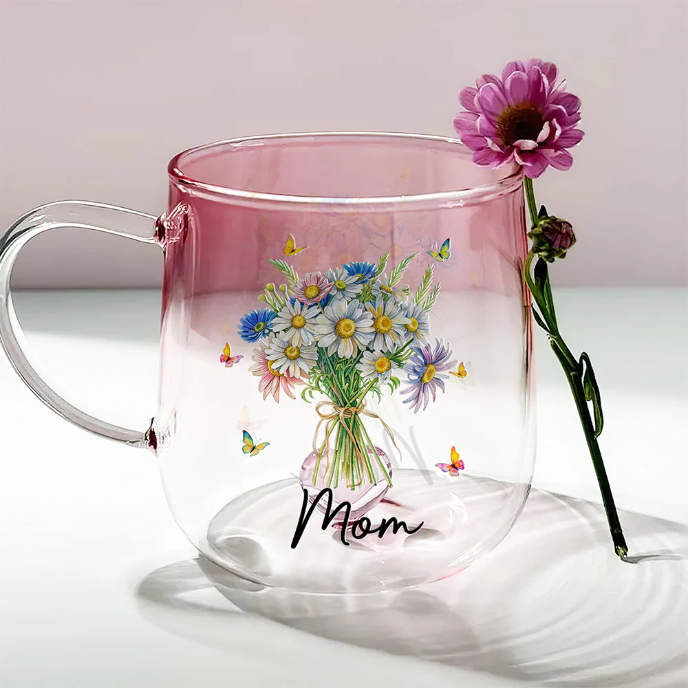 Birth Month Flower - Personalized Custom Pink Gradient Glass Mug - Image 2