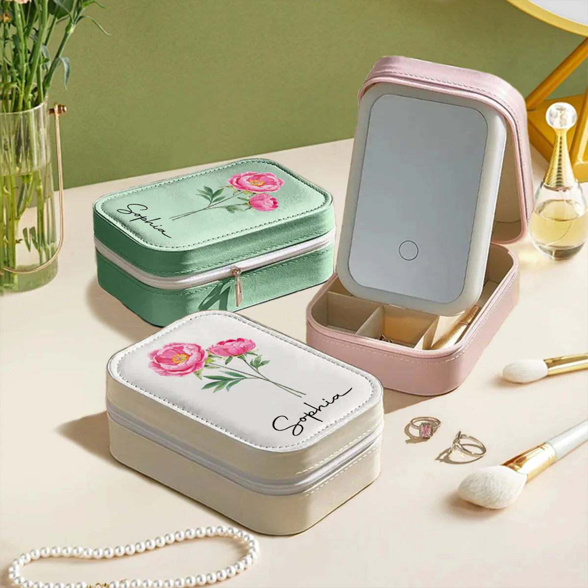 Birth Month Flower Version 2 - Personalized Custom Jewelry Box With LED Mirror - Image 2