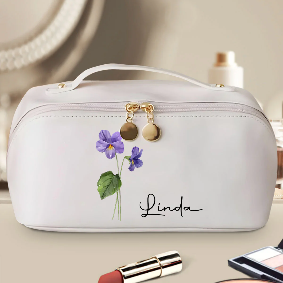Birth Month Flower Version 2 - Personalized Custom Leather Makeup Bag