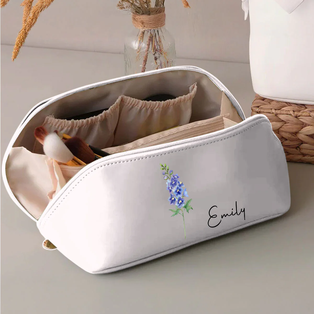 Birth Month Flower Version 2 - Personalized Custom Leather Makeup Bag - Image 4