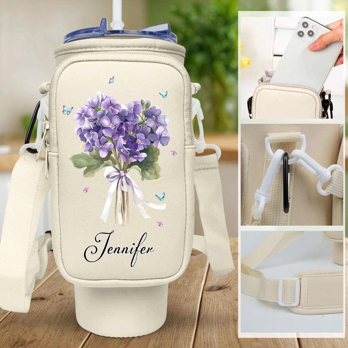 Birthmonth Flower - Personalized Custom Water Bottle Carrier Bag - Image 14