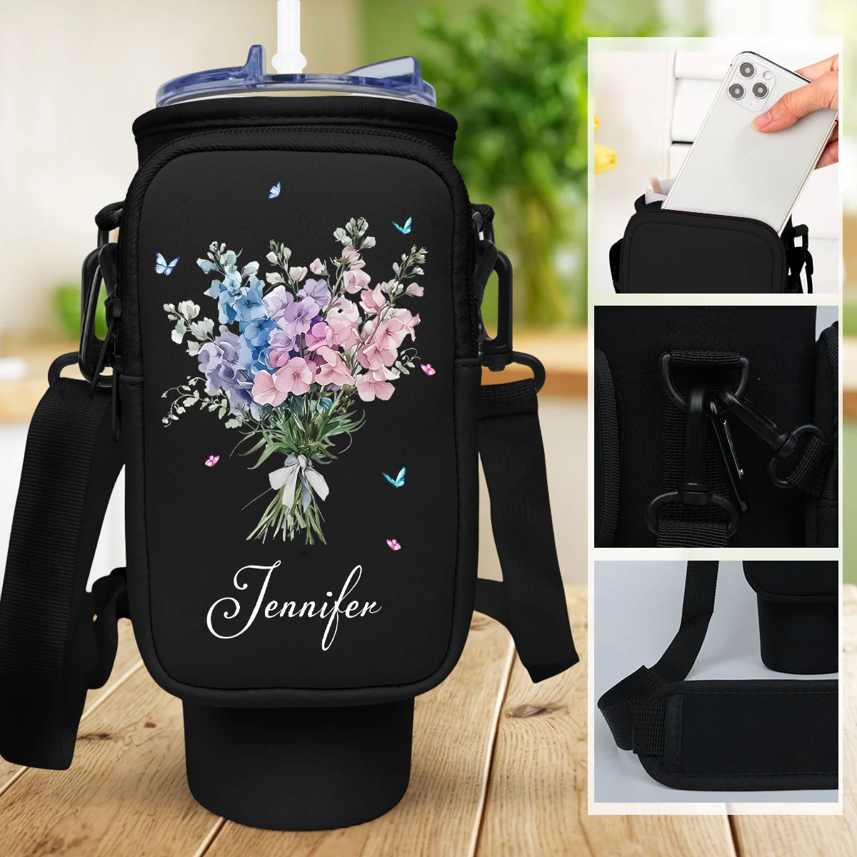 Birthmonth Flower - Personalized Custom Water Bottle Carrier Bag - Image 18