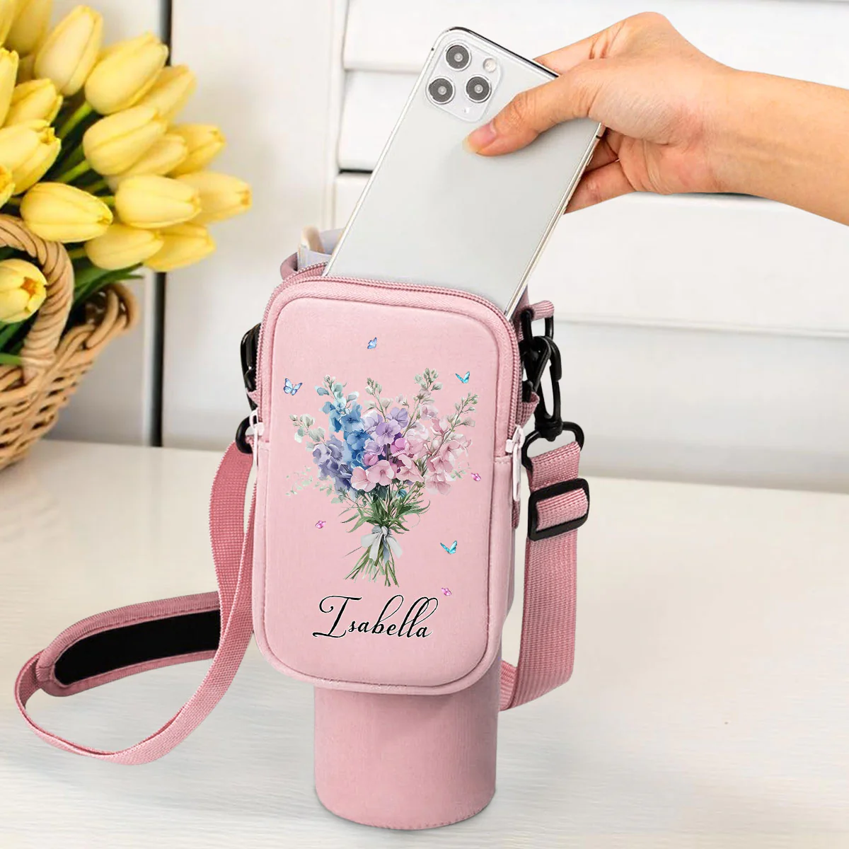 Birthmonth Flower - Personalized Custom Water Bottle Carrier Bag - Image 2