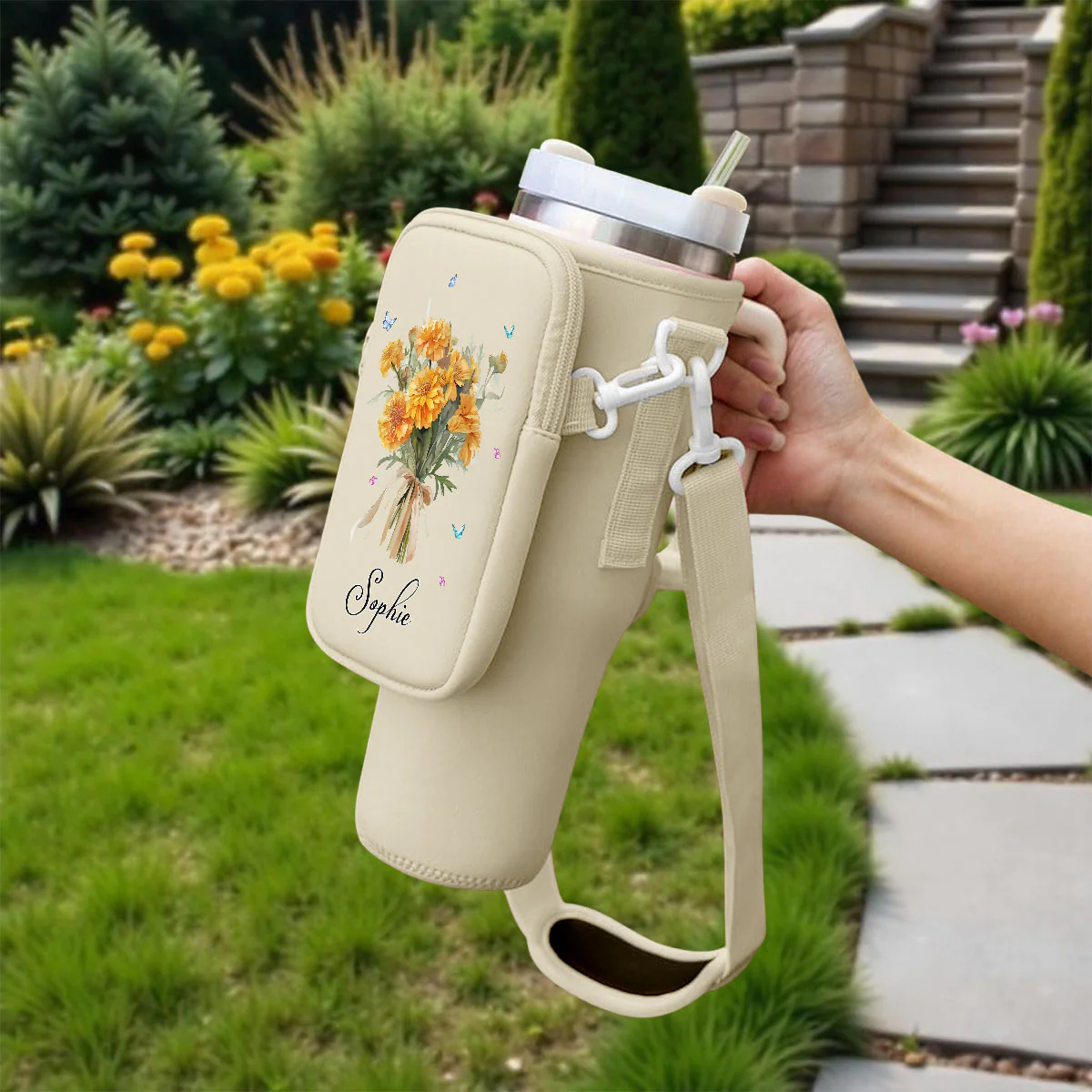 Birthmonth Flower - Personalized Custom Water Bottle Carrier Bag - Image 3