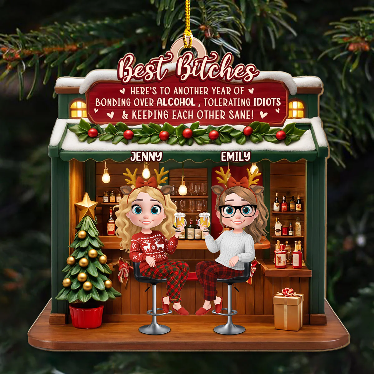 Bonded By Laughs And Wine - Personalized Custom 3D Effect Wood Ornament