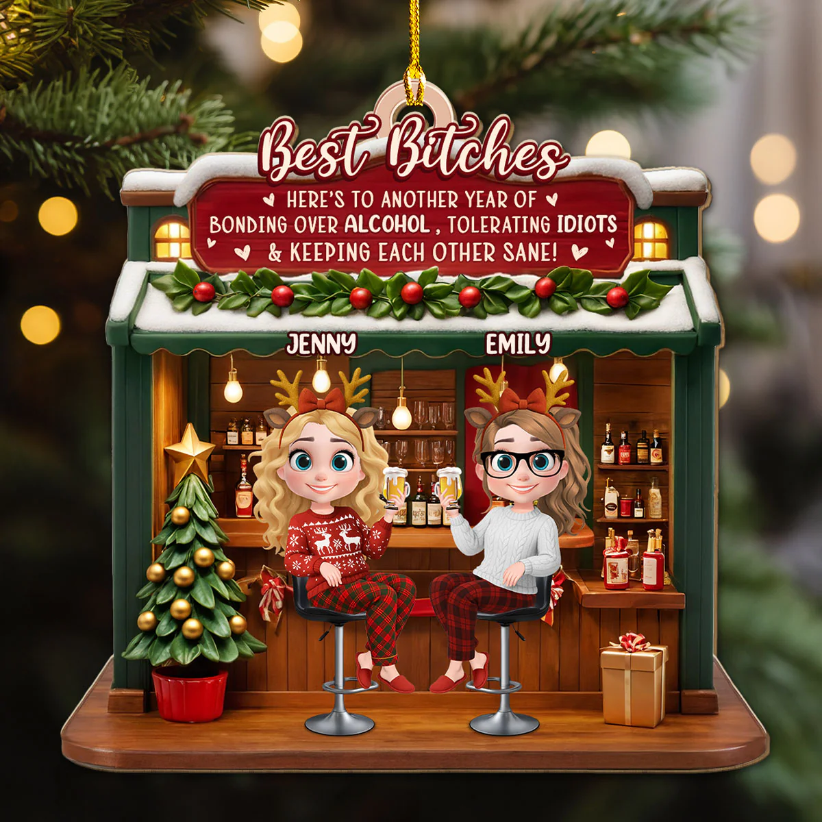 Bonded By Laughs And Wine - Personalized Custom 3D Effect Wood Ornament - Image 2