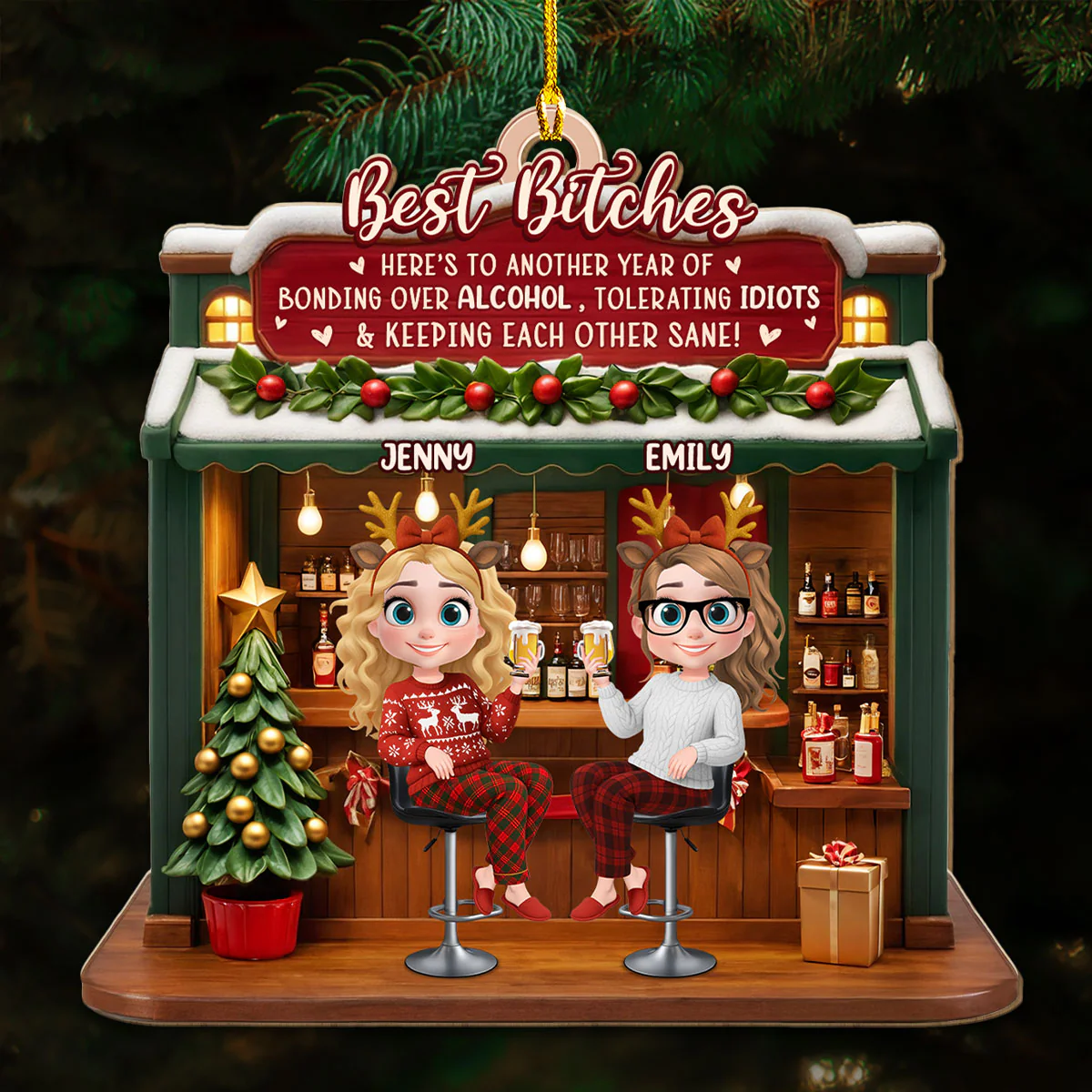 Bonded By Laughs And Wine - Personalized Custom 3D Effect Wood Ornament - Image 3