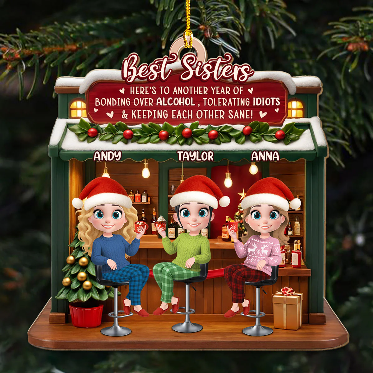 Bonded By Laughs And Wine - Personalized Custom 3D Effect Wood Ornament - Image 4