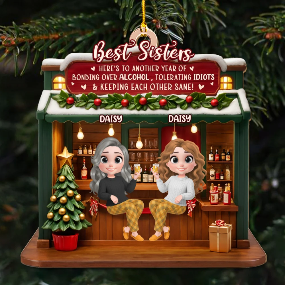 Bonded By Laughs And Wine - Personalized Custom 3D Effect Wood Ornament - Image 5