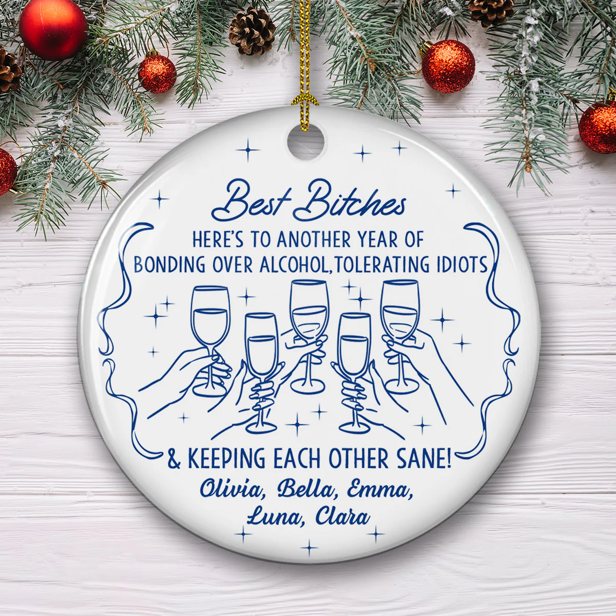 Bonded By Wine And Chaos - Personalized Custom Ceramic Ornament - Image 2