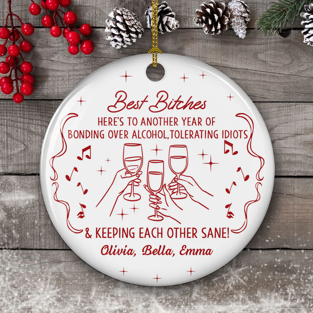 Bonded By Wine And Chaos - Personalized Custom Ceramic Ornament - Image 5
