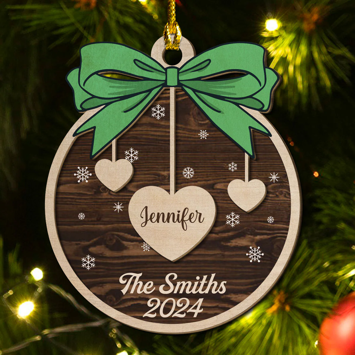 Bow, Name And Xmas - Personalized Custom 2-layered Wood Ornament - Image 2