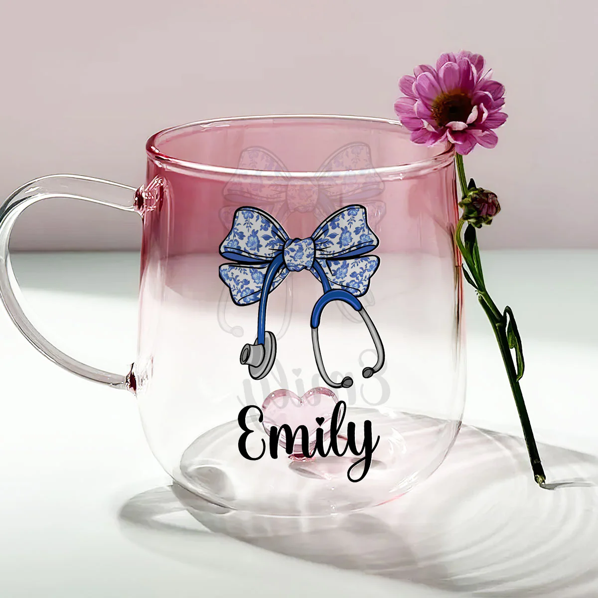 Bow Stethoscope - Personalized Custom Pink Gradient Glass Mug - Image 2