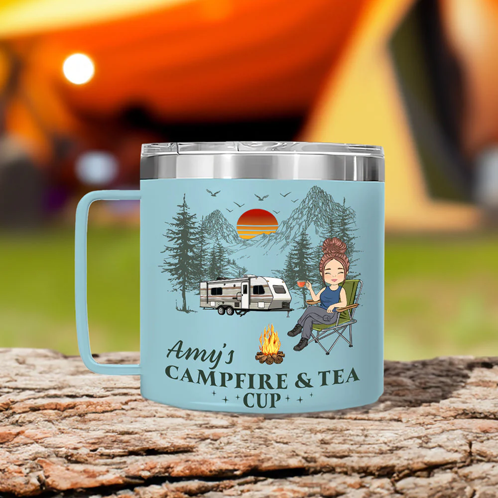 Campfire And Coffee Cup - Personalized Custom 14oz Stainless Steel Tumbler With Handle - Image 3