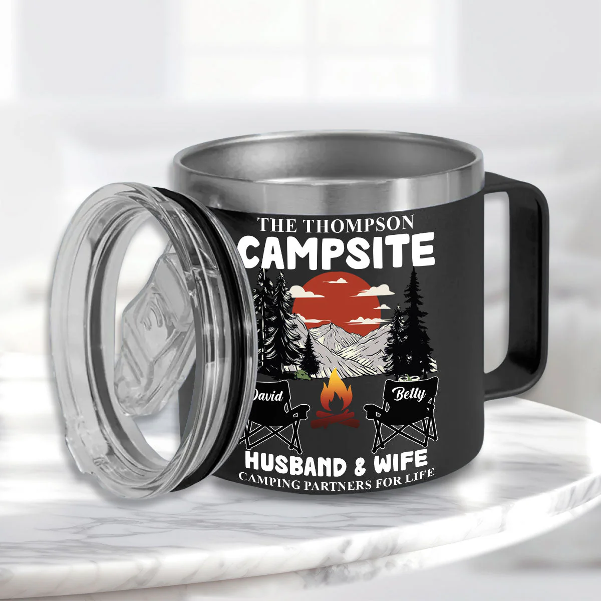 Camping Partners For Life - Personalized Custom 14oz Stainless Steel Tumbler With Handle - Image 5